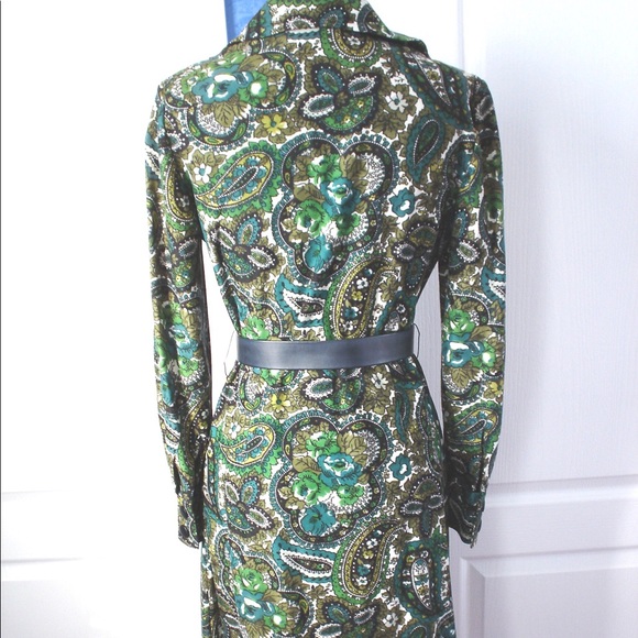 Vintage English Designer GREEN Paisley Print Shirt Dress 34 - Picture 11 of 15